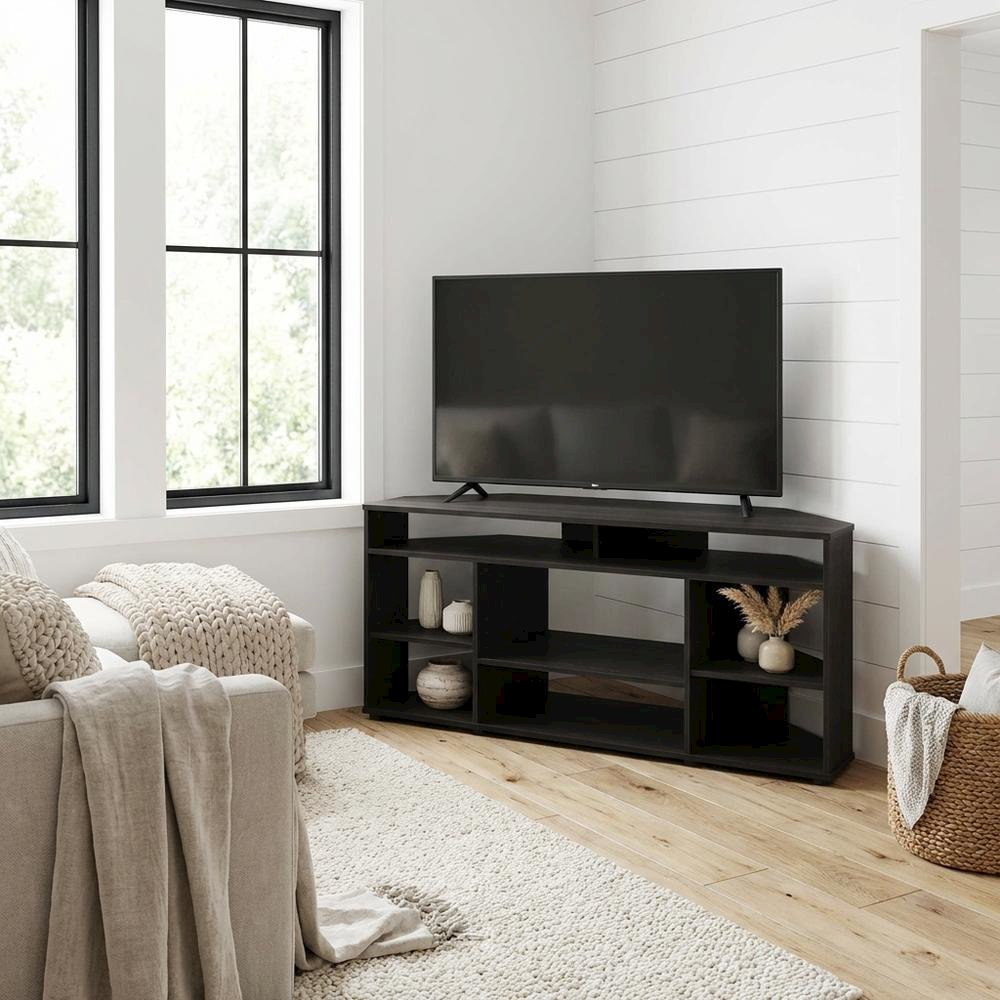 Brown corner TV stand, up to 55 inches, solid wood, walnut veneer finish