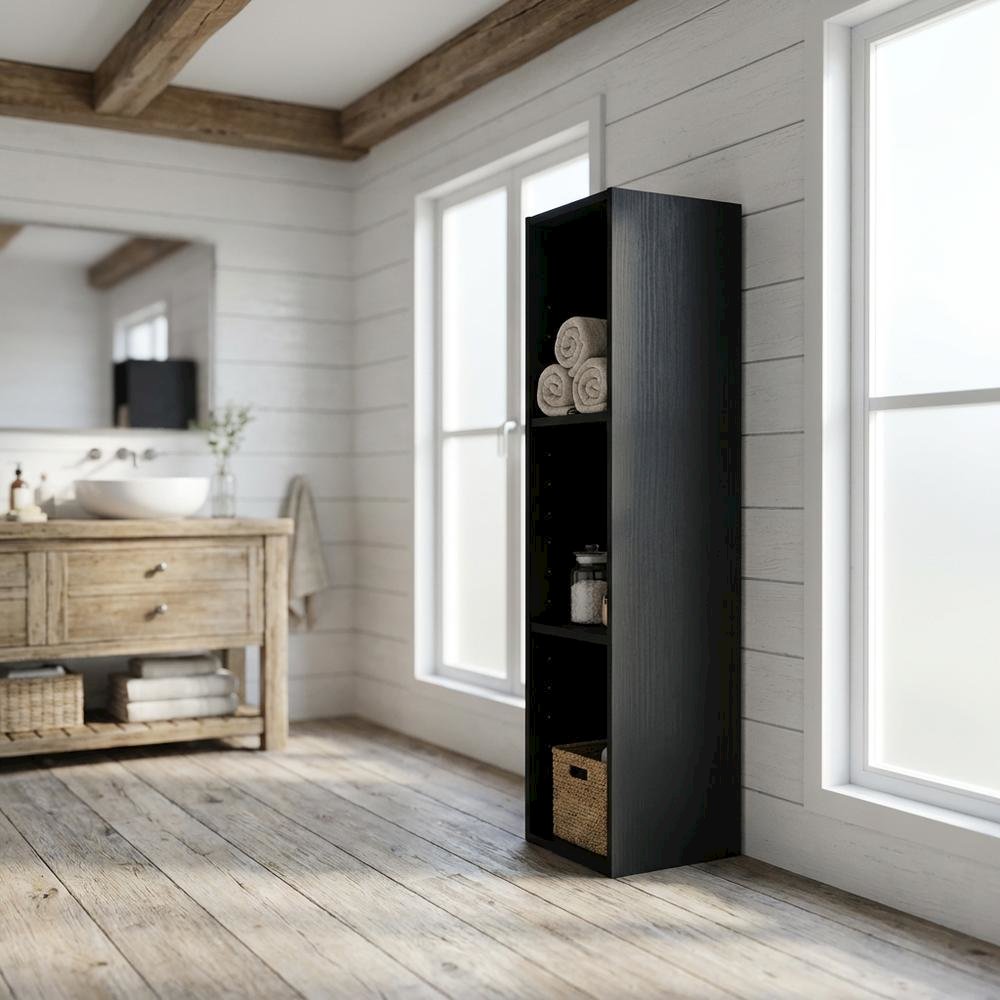 Wooden bookcase in sleek black finish with durable design and versatile storage