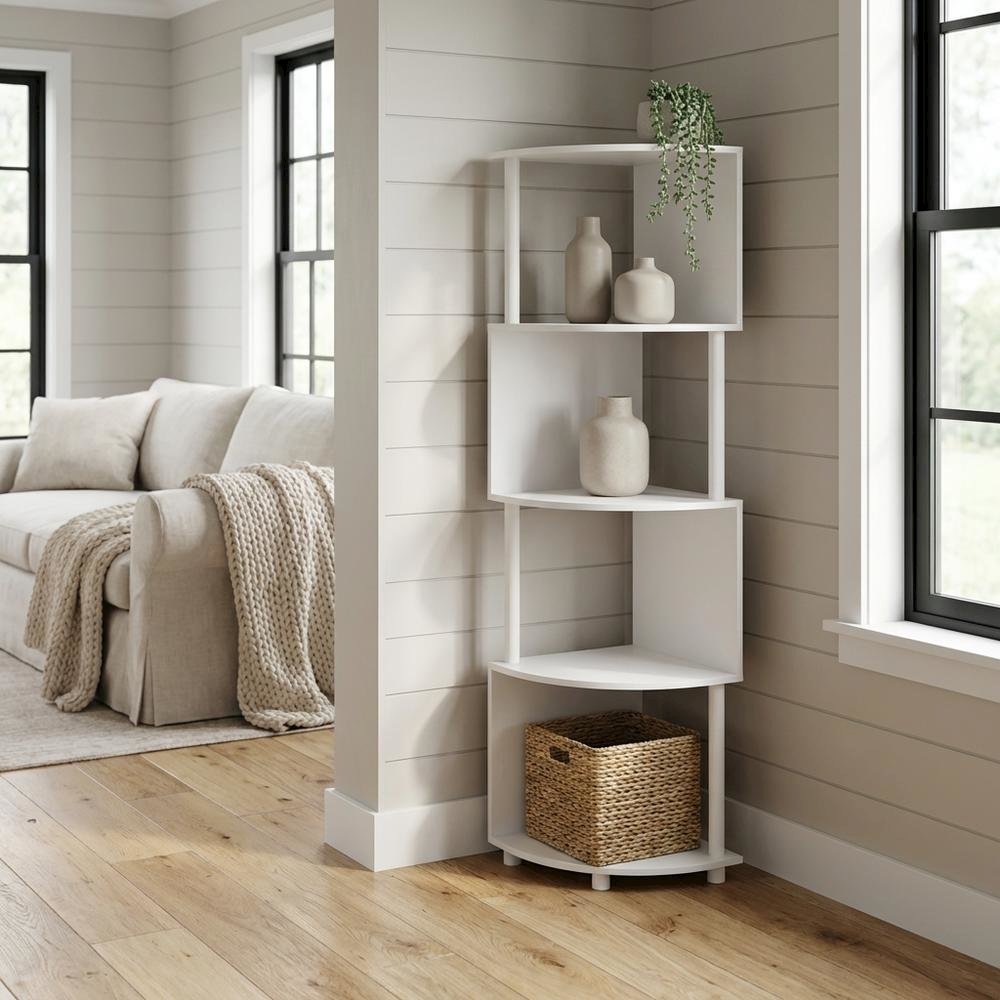 White 4-Tier Zigzag Corner Shelf with Sturdy Wood Construction