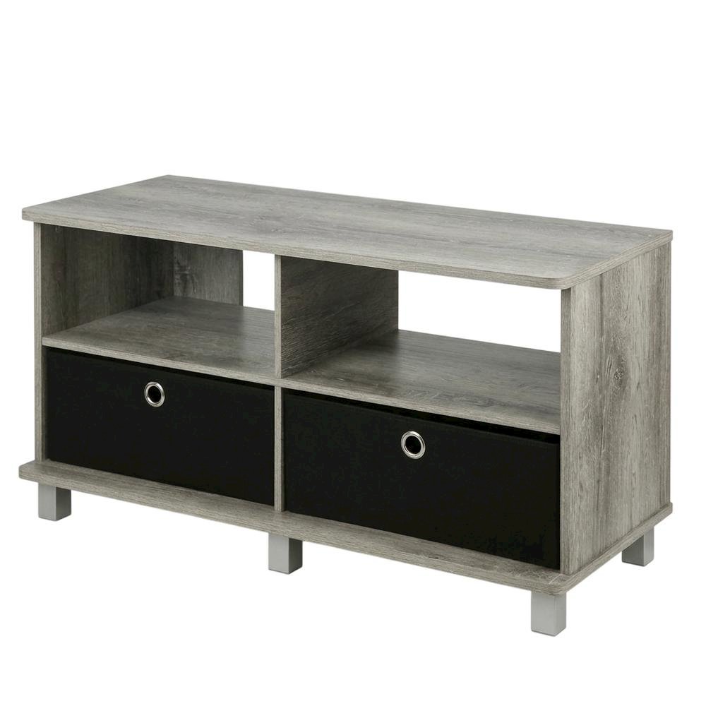 Gray/Black entertainment center with bin drawers and modern design