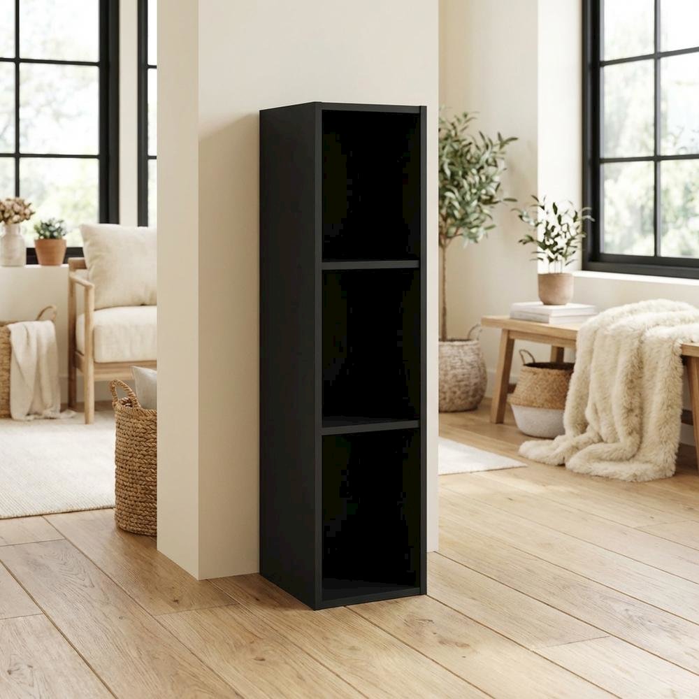 Wooden bookcase in sleek black finish with durable design and versatile storage