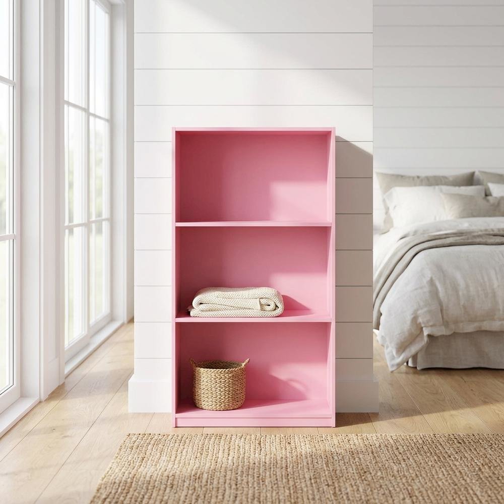 Pink 3-Tier Bookcase with Multi-Level Storage and Sturdy Wood Construction