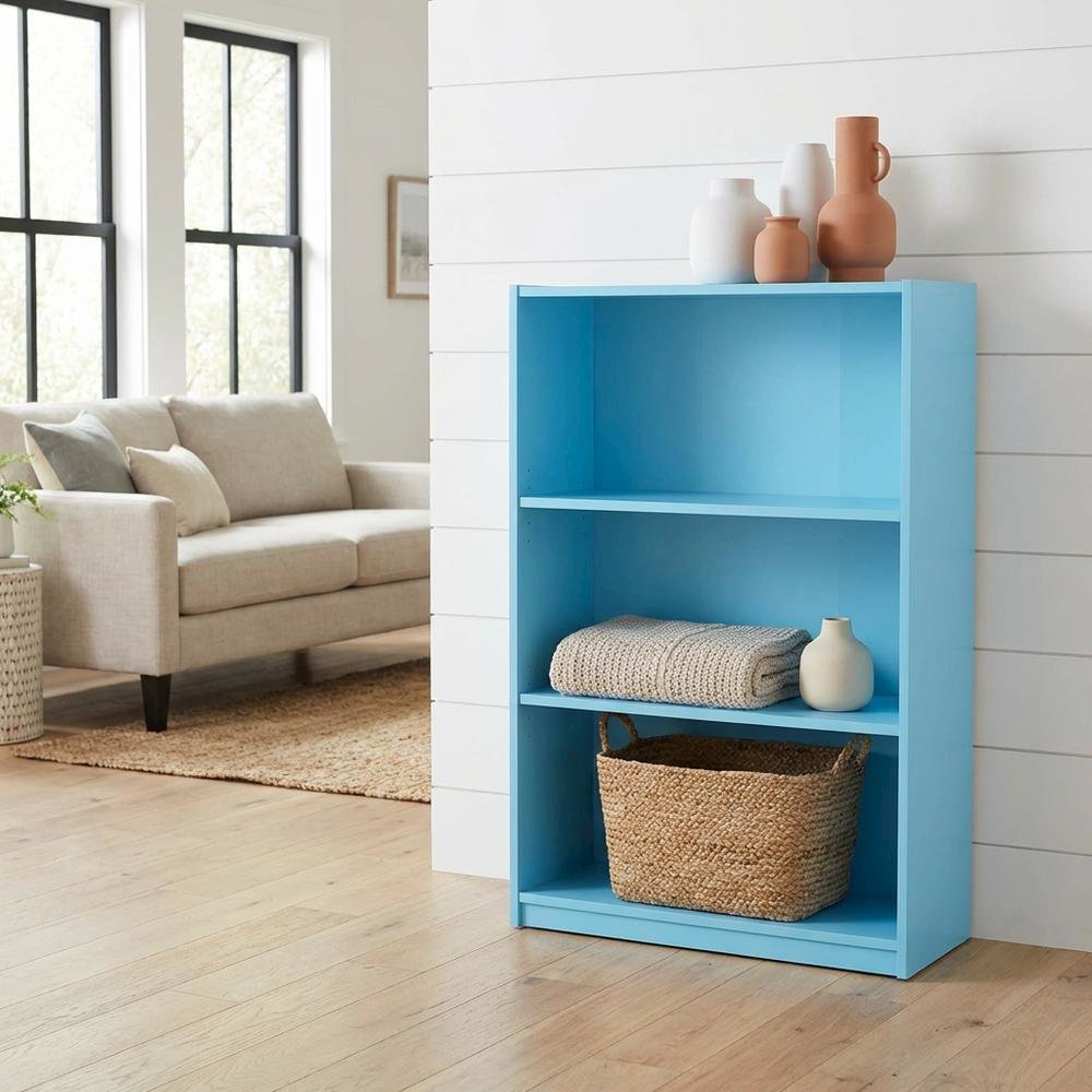 Light Blue 3-Tier Adjustable Shelf Bookcase with Wooden Construction