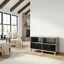Gray/Black entertainment center with bin drawers and modern design
