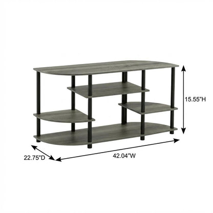 Corner TV stand in French Oak Grey/Black, durable composite wood, plastic