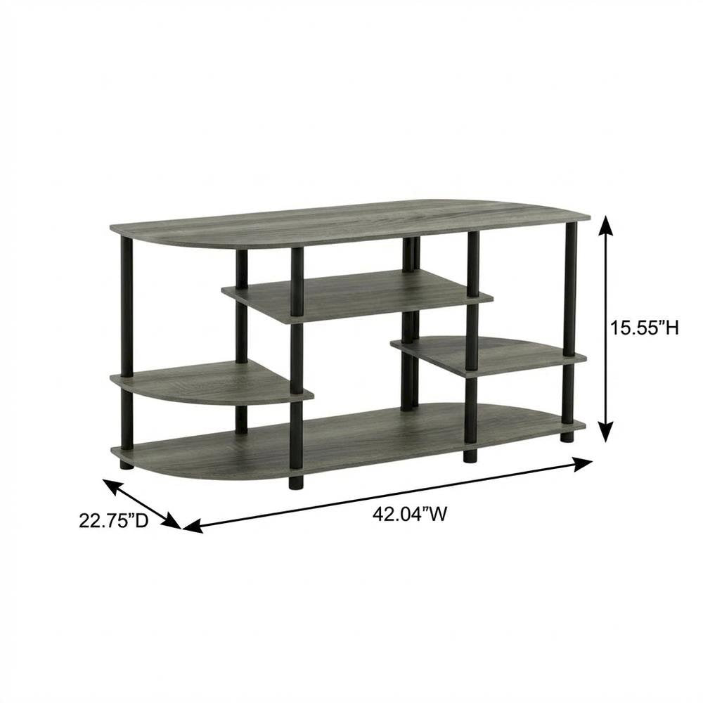 Corner TV stand in French Oak Grey/Black, durable composite wood, plastic