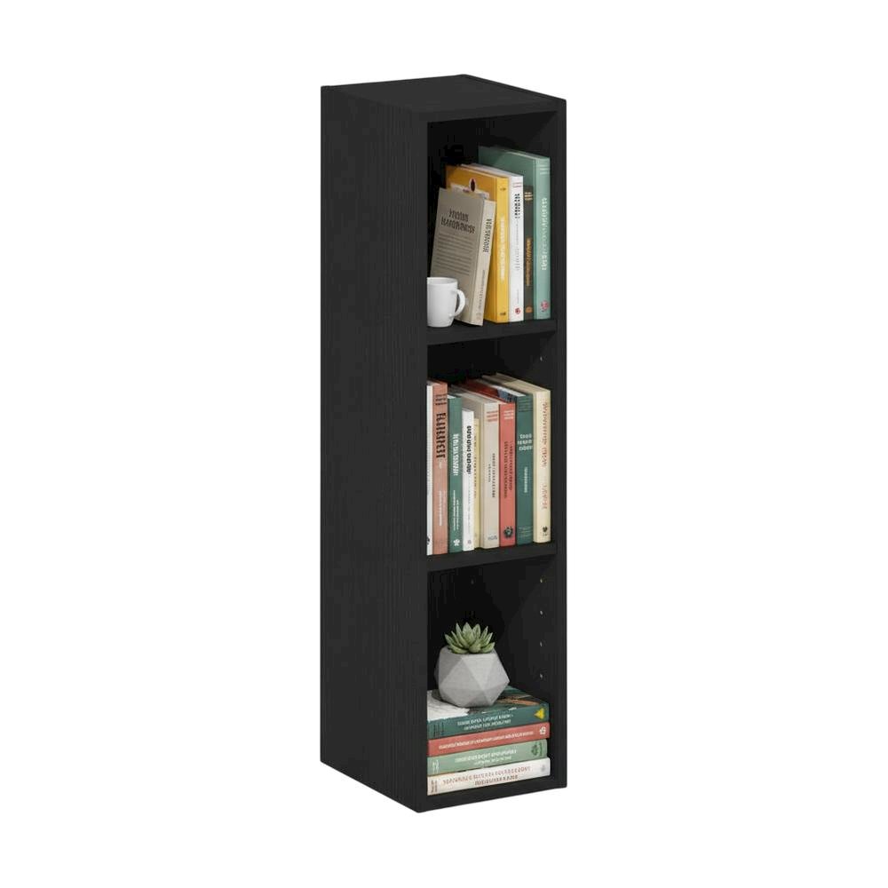 Wooden bookcase in sleek black finish with durable design and versatile storage