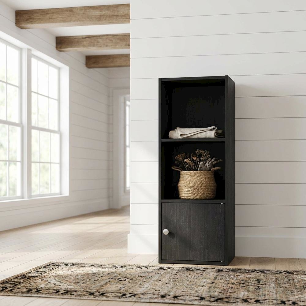 Black 3-Tier Bookcase with Door Storage and Wood Finish