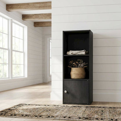 Black 3-Tier Bookcase with Door Storage and Wood Finish