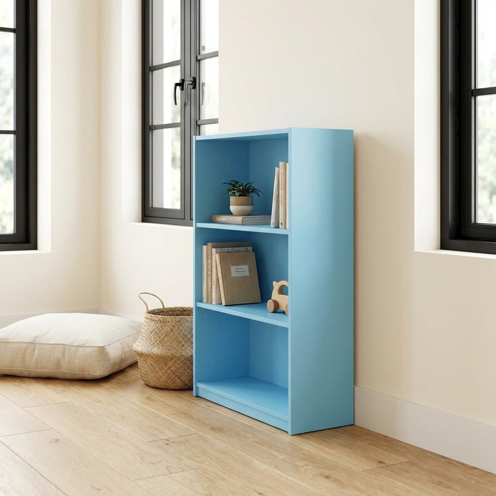 Light Blue 3-Tier Adjustable Shelf Bookcase with Wooden Construction