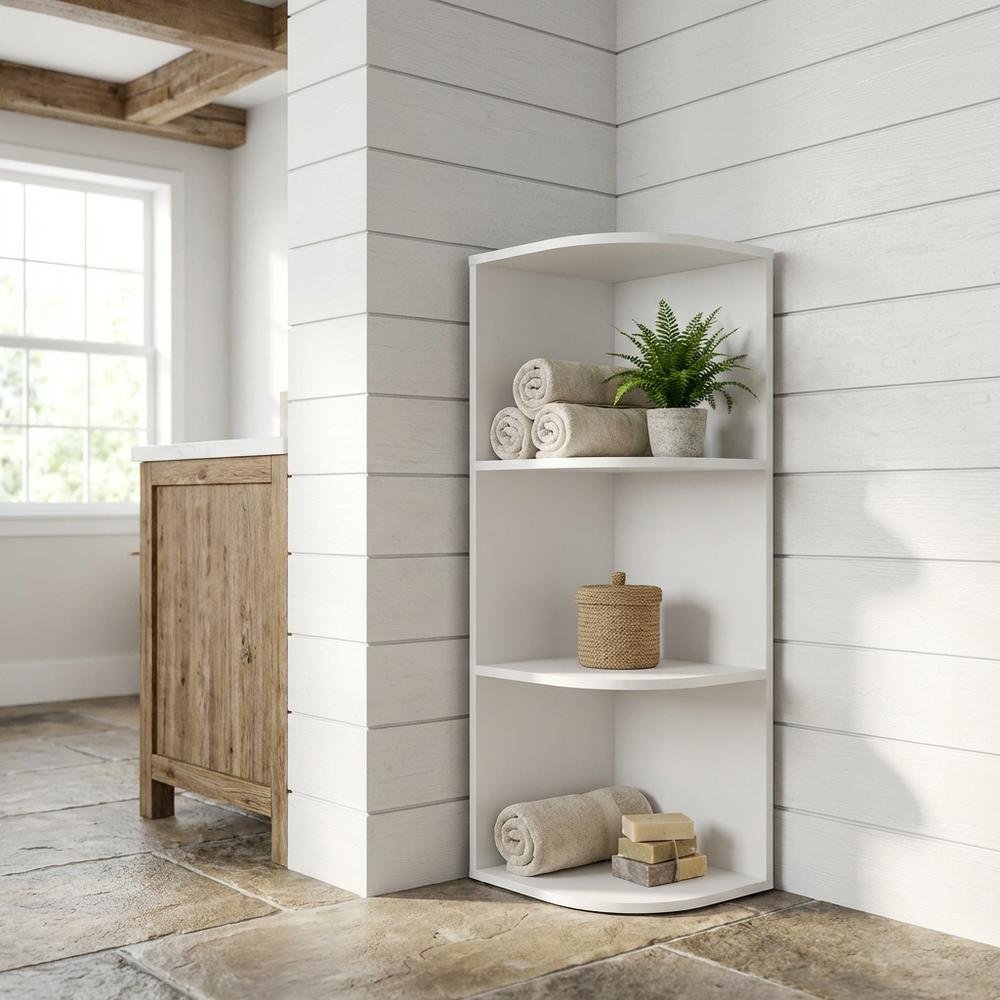 White 3-Tier Corner Open Shelf Bookcase with Wooden Shelves