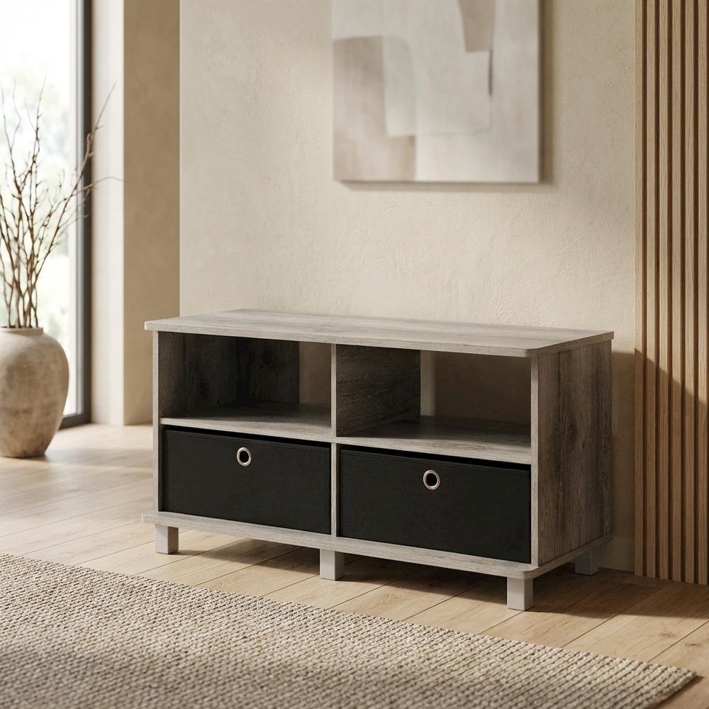 Gray/Black entertainment center with bin drawers and modern design