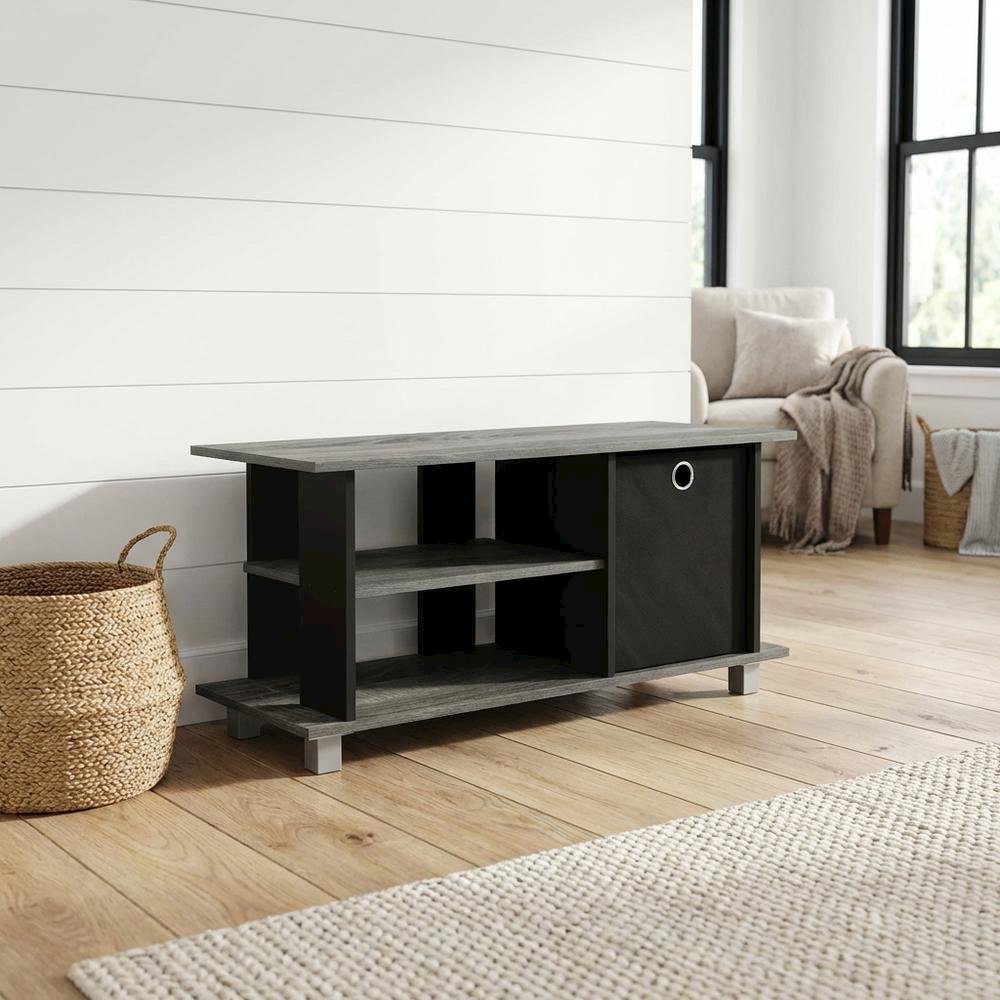 TV Stand with Bin Drawers in Oak and Black Finish for Modern Living Spaces