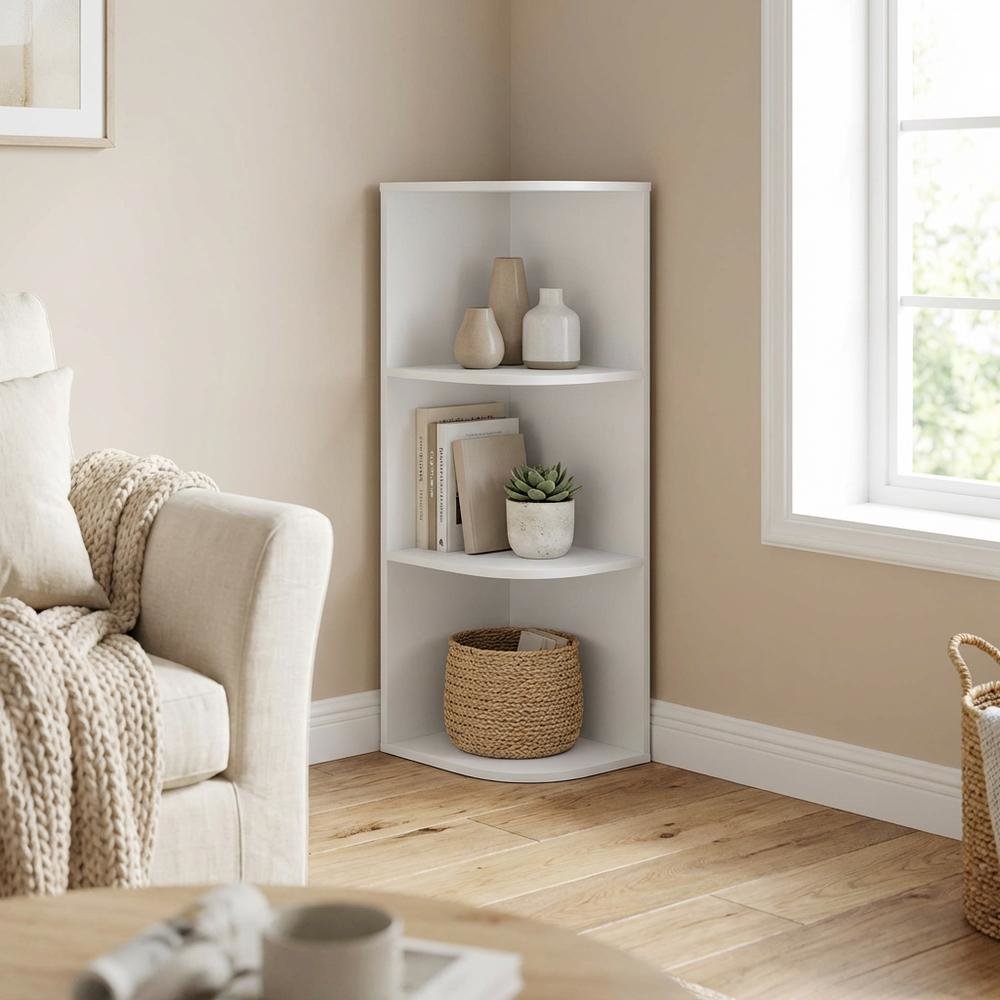 White 3-Tier Corner Open Shelf Bookcase with Wooden Shelves