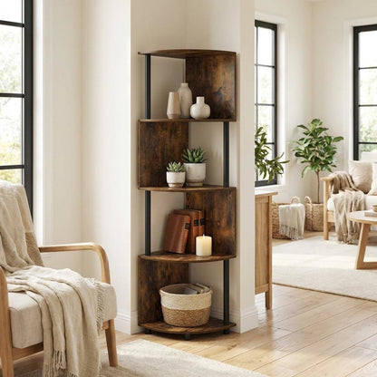 Amber Pine and Black 4-Tier Zigzag Corner Shelf Bookcase, Multi-Level Storage