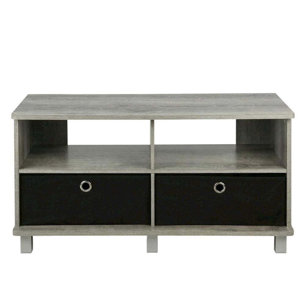 Gray/Black entertainment center with bin drawers and modern design