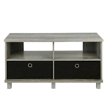 Gray/Black entertainment center with bin drawers and modern design
