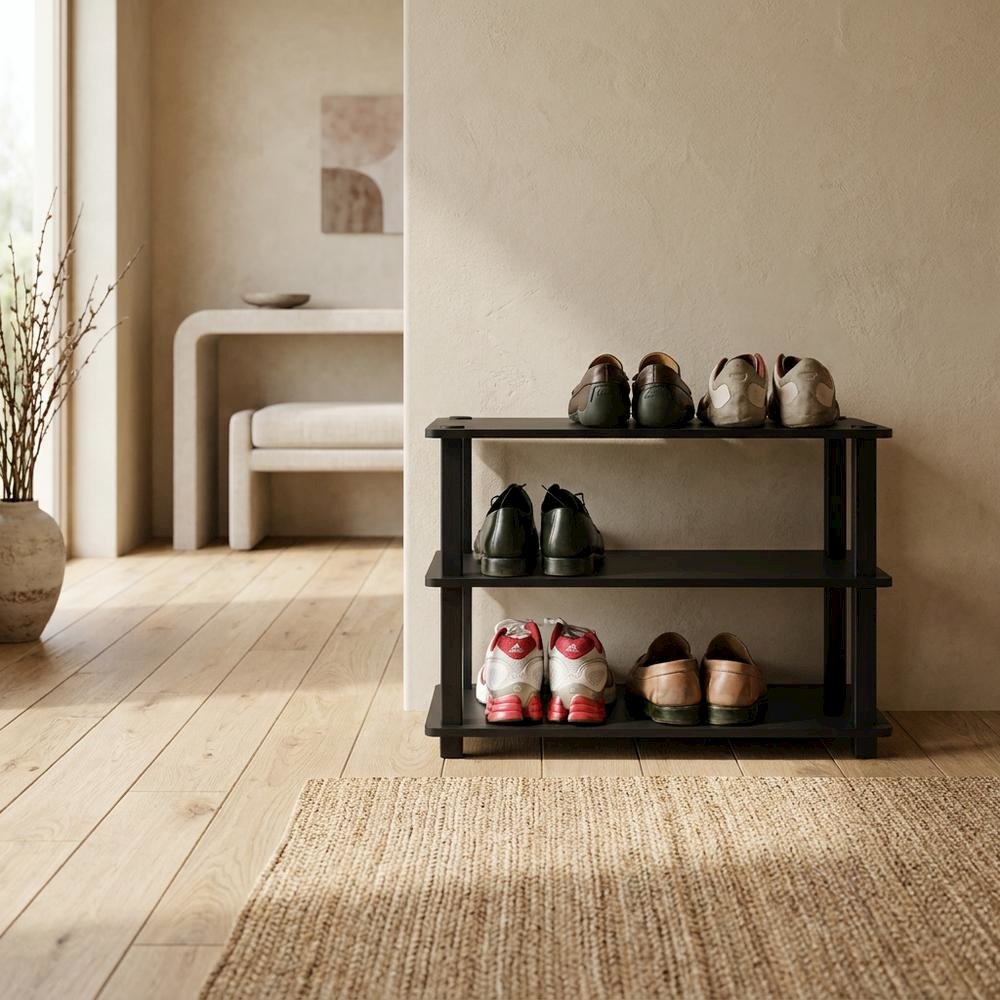 Brown 3-Tier Shoe Rack, Composite Wood, PVC Tubes, Tool-Free Assembly