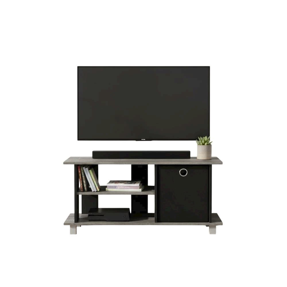 TV Stand with Bin Drawers in Oak and Black Finish for Modern Living Spaces