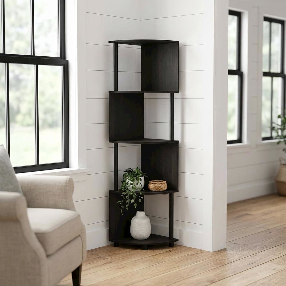 Espresso and Black 4-Tier Z-Shaped Corner Shelf Bookcase with Wooden Finish