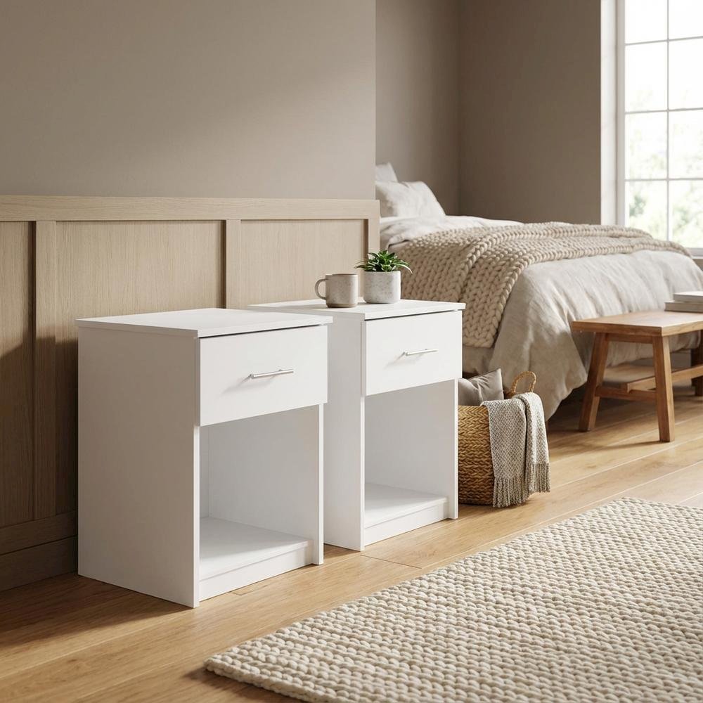 Solid White Nightstand Set, Handle, Drawer, Contemporary Bedroom Furniture