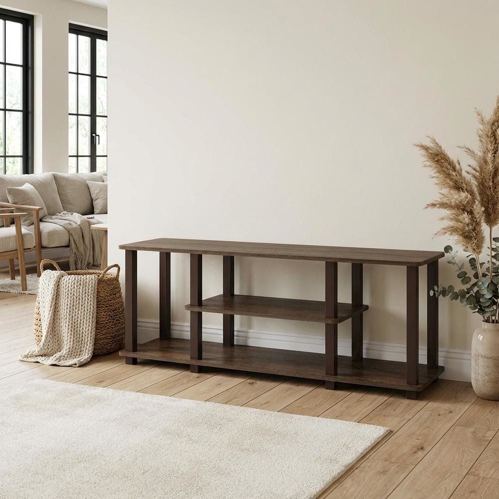 Walnut Brown 3-Tier TV Stand with Modern Wood Finish and Square Tube Design