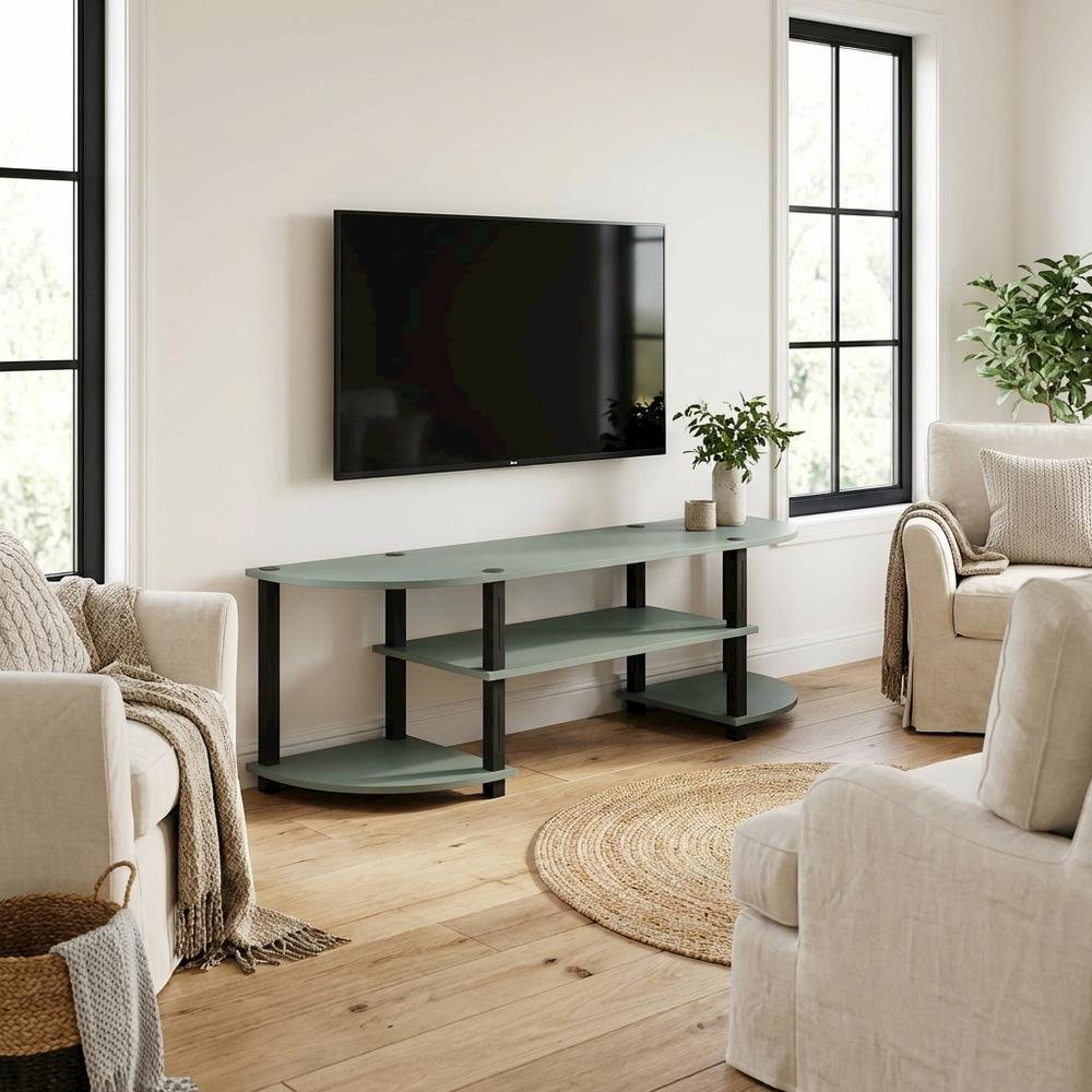 Sage Green TV Stand, 55-Inch Flat Screen, Open Shelves, Rounded Corners
