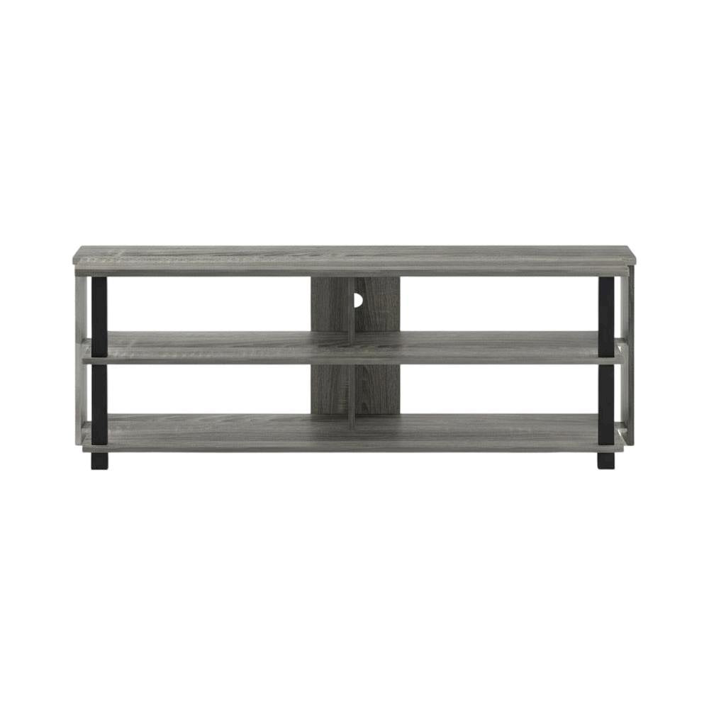 Wood TV stand in French Oak Grey, Black, three tiers, up to 50-inch TVs