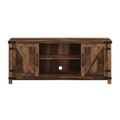Rustic Brown Wood TV Cabinet with Barn Door for Up to 70 Inch Displays