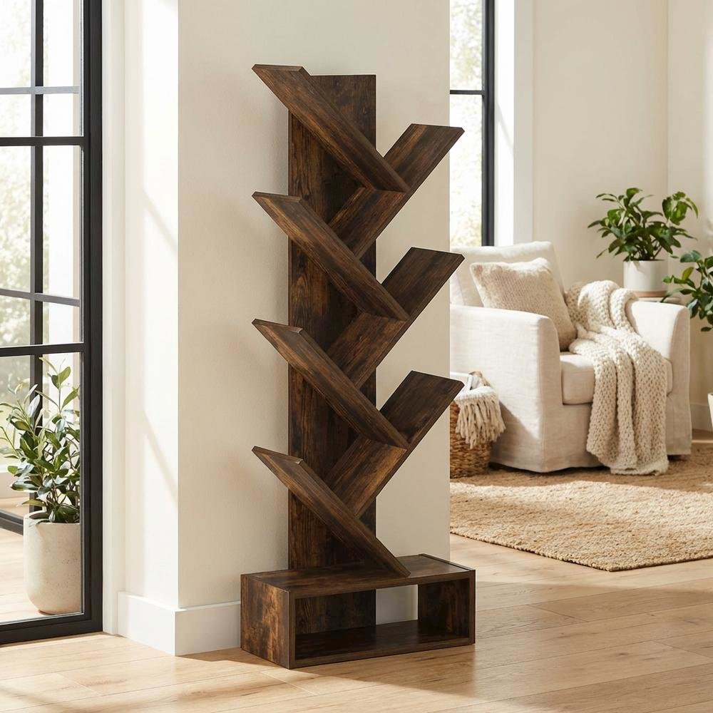 Wooden bookcase with open shelving for modern living spaces