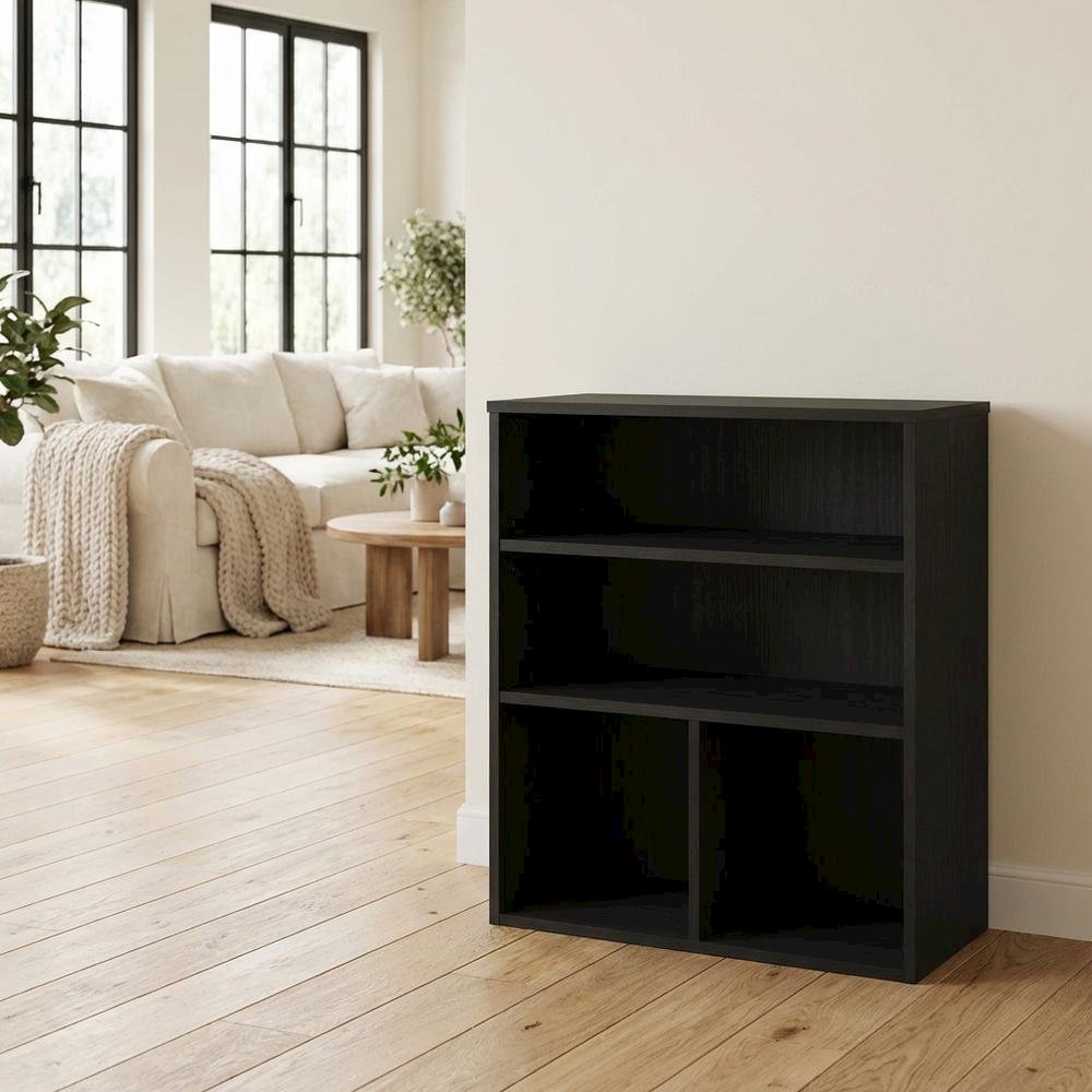 Black 3-Tier Display Bookcase with Wooden Shelves for Living Room or Office