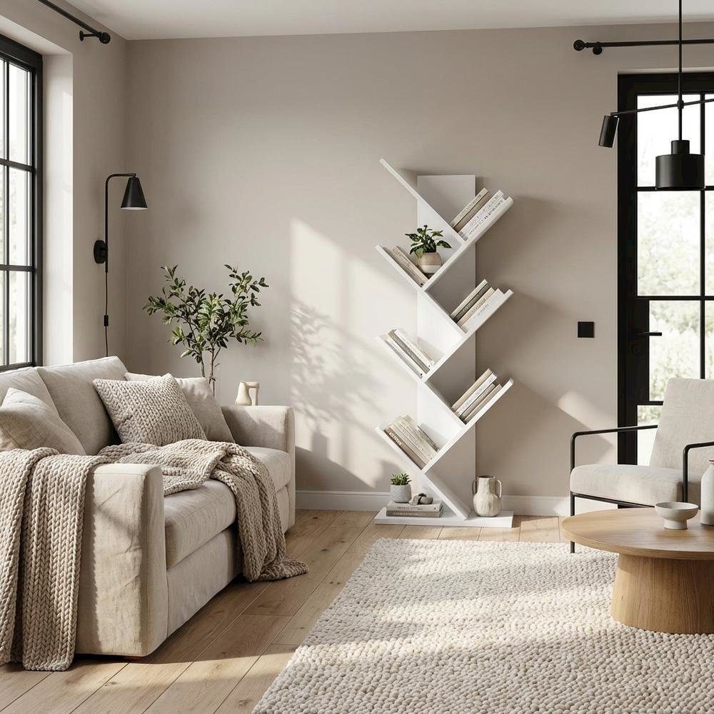 Wooden white bookcase with vertical storage and sleek design