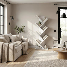 Wooden white bookcase with vertical storage and sleek design