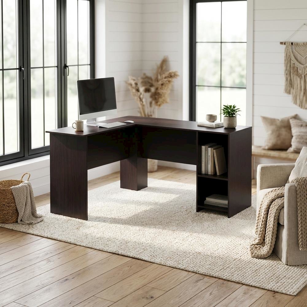 L-Shaped Desk, Bookshelves in Espresso Finish, Space-Saving Computer Workstation