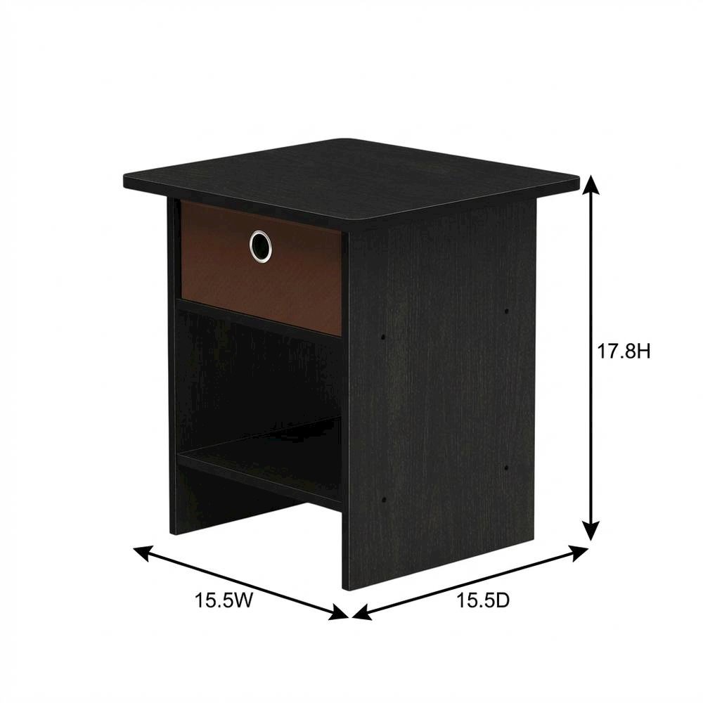 Medium brown wood nightstand with storage shelf and bin drawer