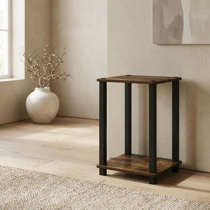 Small Amber Pine and Black End Table with Sleek Design