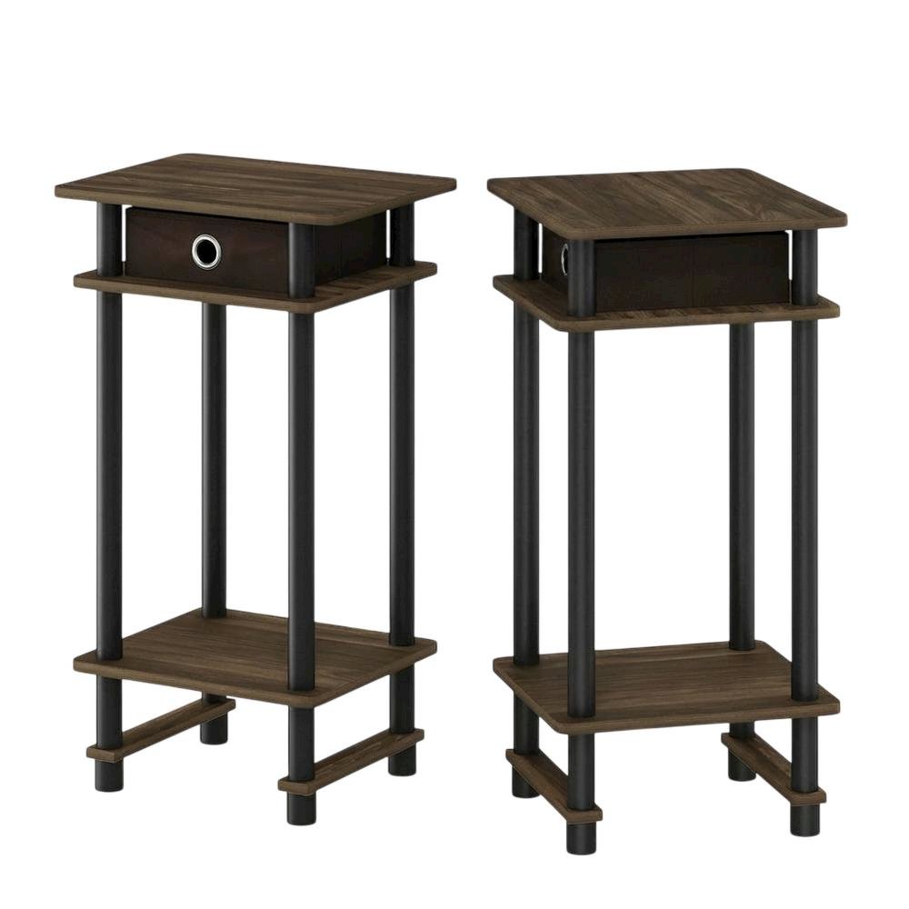 Tall end table with storage bin in dark walnut and black finish, set of 2