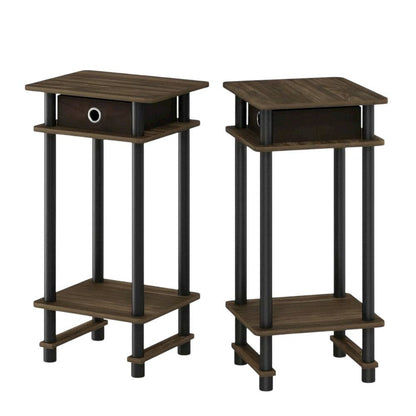 Tall end table with storage bin in dark walnut and black finish, set of 2
