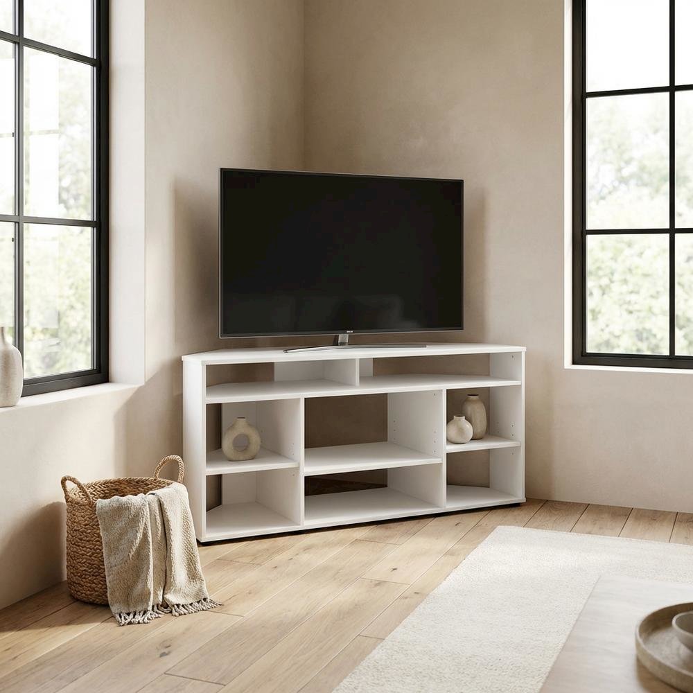 White Corner TV Stand, up to 55-Inch Flat Screens, Solid Rubberwood