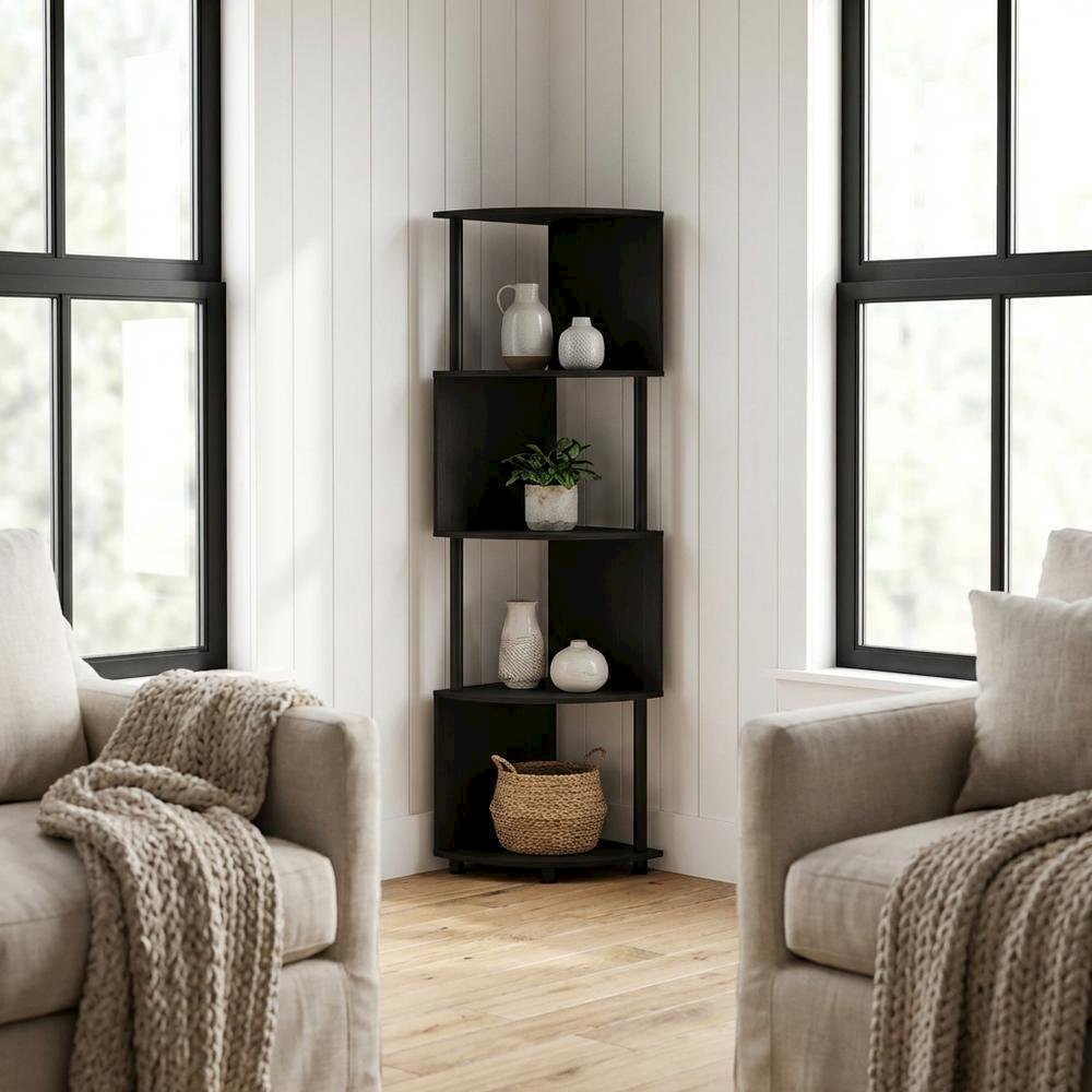 Espresso and Black 4-Tier Z-Shaped Corner Shelf Bookcase with Wooden Finish