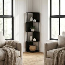 Espresso and Black 4-Tier Z-Shaped Corner Shelf Bookcase with Wooden Finish