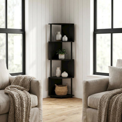 Espresso and Black 4-Tier Z-Shaped Corner Shelf Bookcase with Wooden Finish