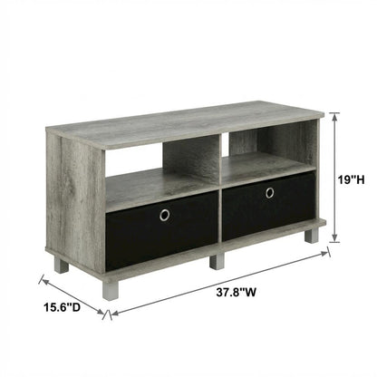 Gray/Black entertainment center with bin drawers and modern design
