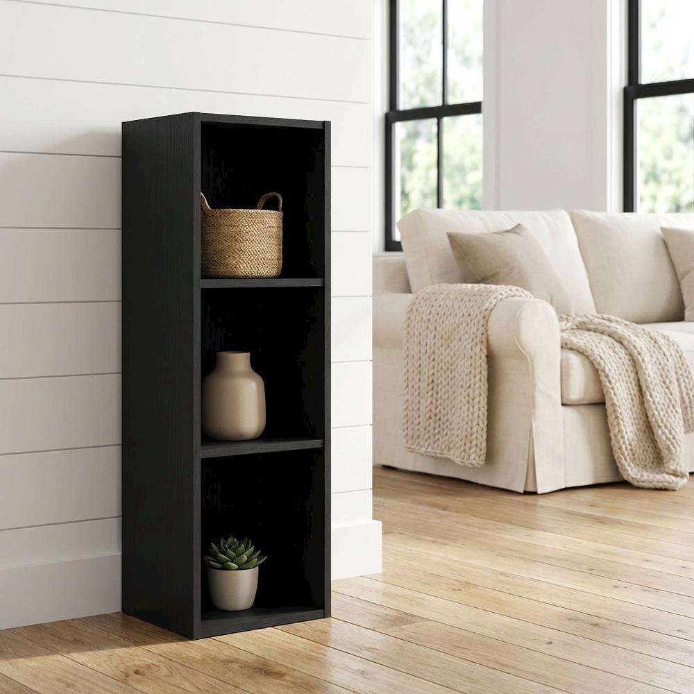 Wooden Bookcase in Black Finish with Spacious Shelves for Storage