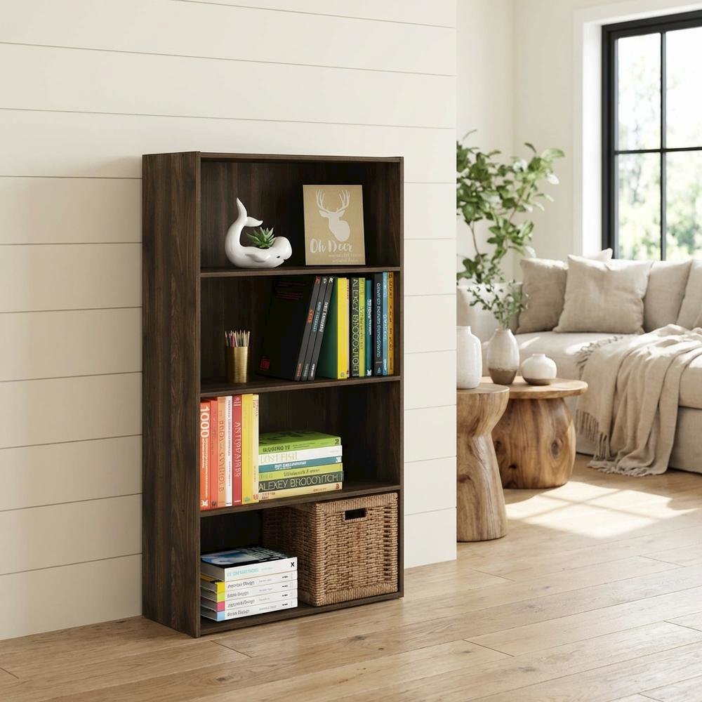 Wooden 4-Tier Open Shelf with Ample Storage in Walnut Finish