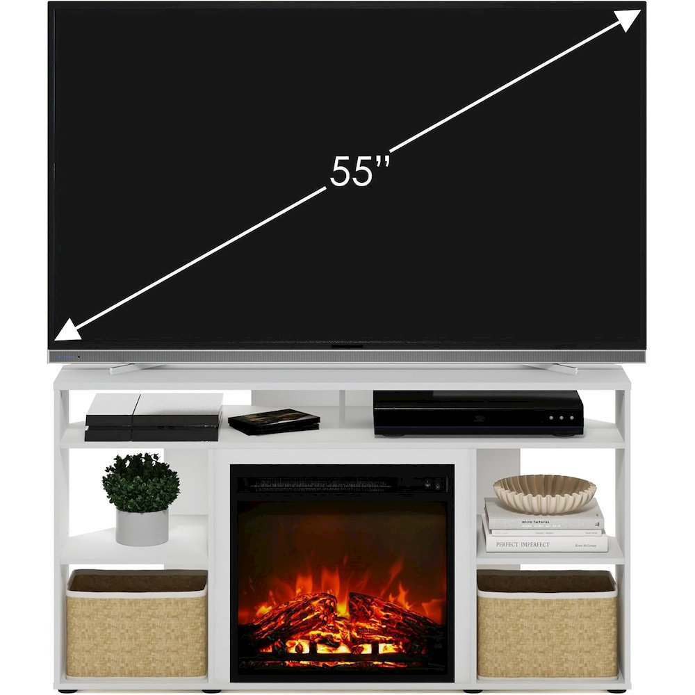 White TV Stand with Fireplace Insert and Six Open Shelves for 55 Inch Displays