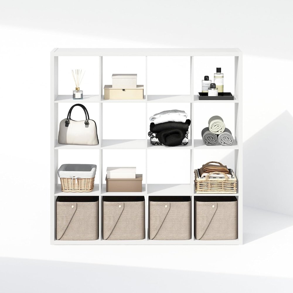 White Engineered Wood 16 Cube Storage Organizer with Open Back Shelves