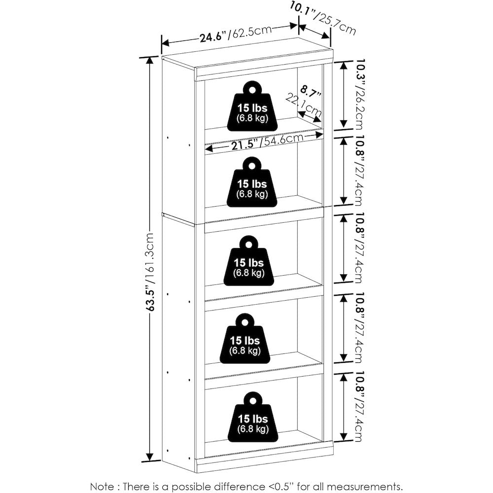 White Wooden Book Shelf with Five-Tier Wooden Shelves for Home or Office