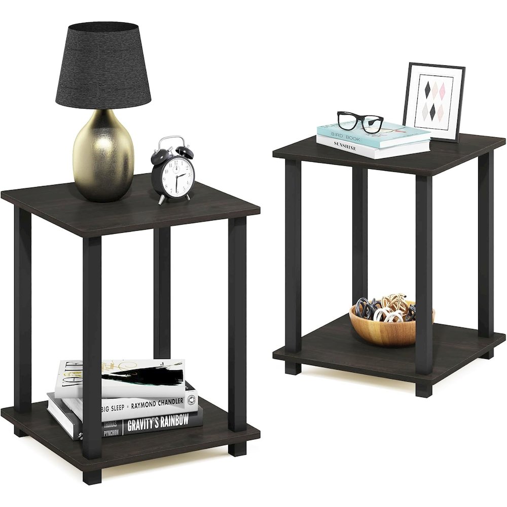 Black Wooden End Tables Set of 2 with Two-Tier Storage for Living Room