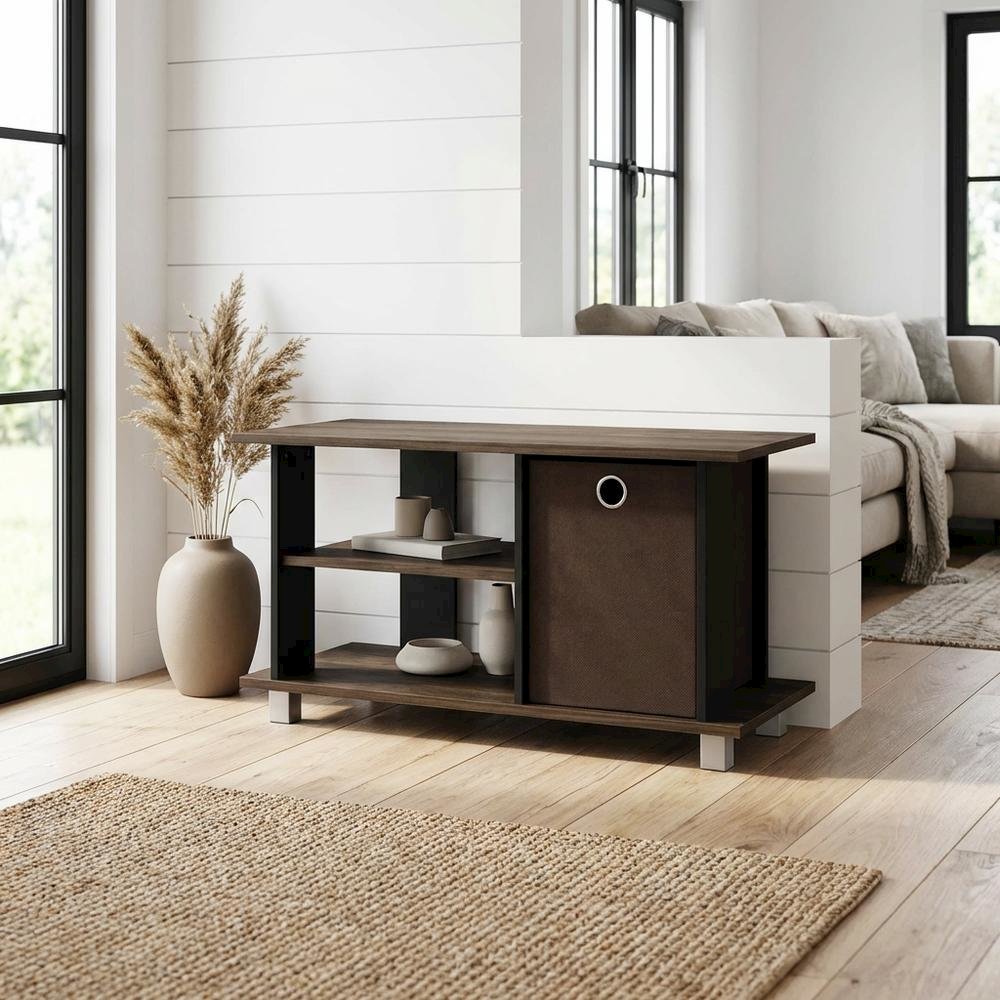 Simplistic TV Stand with Storage Bins in Dark Brown and Walnut Finish